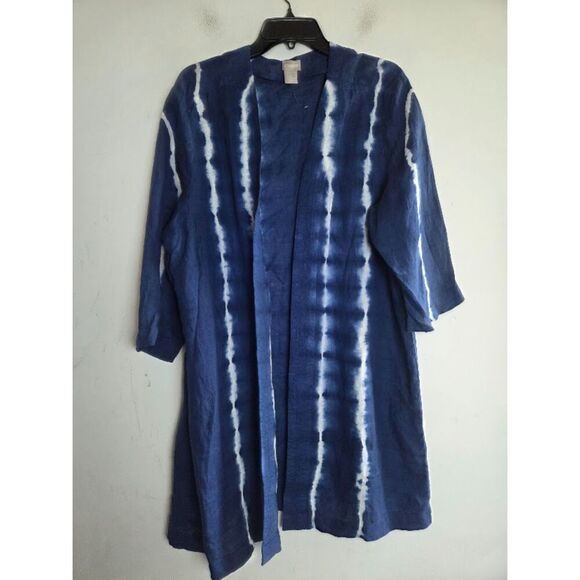 Chico's Indigo Blue & White Tie Dye 100% Linen Open Cardigan/Kimono size 3P/18P - Picture 7 of 9